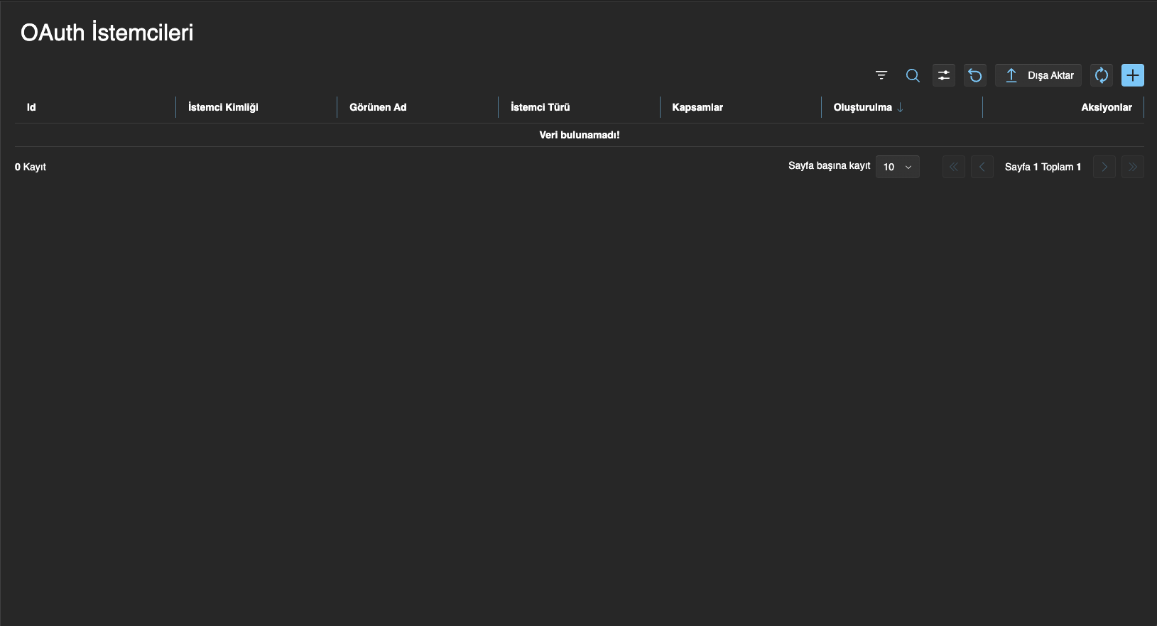 OAuth İstemcileri sayfası