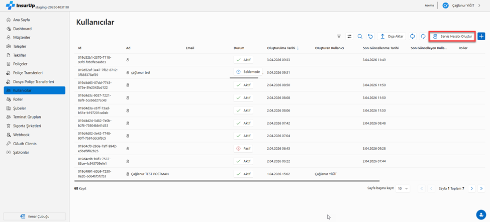 Servis Hesabı Oluştur Butonu